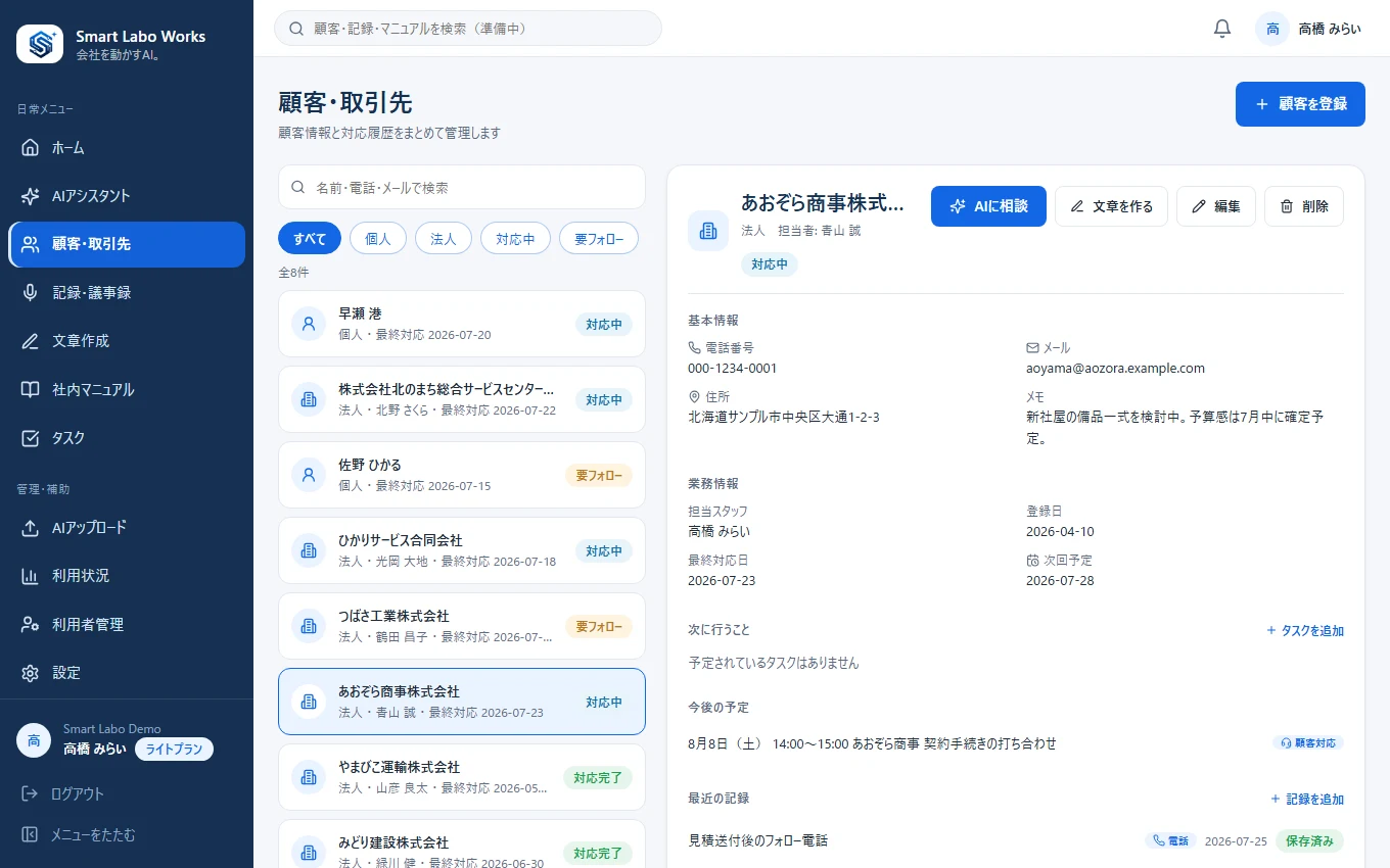 Smart Labo Works の顧客・取引先画面。左に顧客の一覧、右に選んだ顧客の基本情報・担当・次回予定・最近の記録がまとまって表示されている。